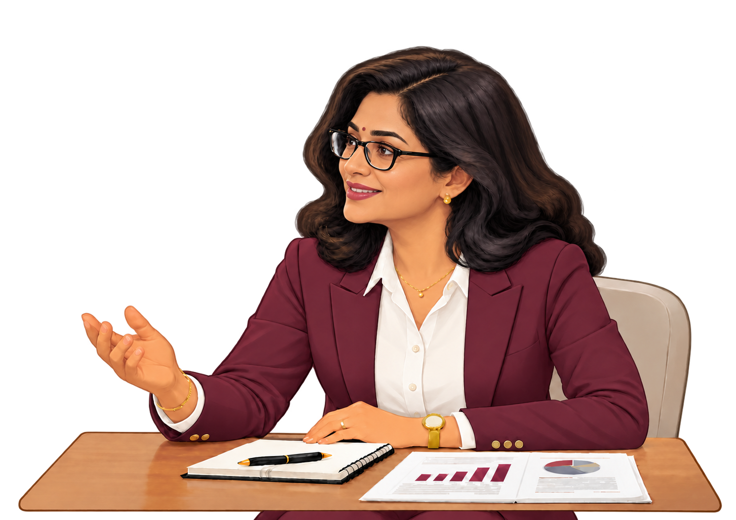 Meera sitting at her desk